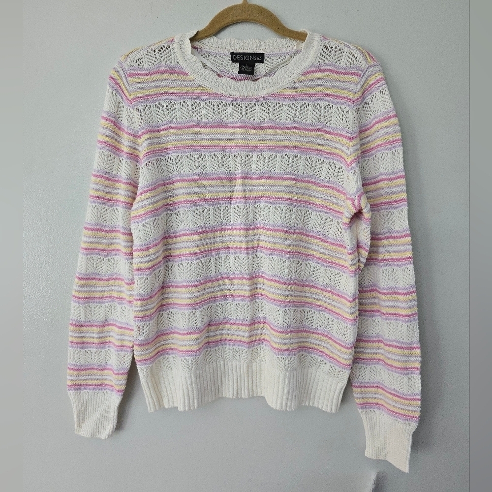 Design 365 Womens Knit Crocheted Crew Neck Sweater Size Small Pastel
